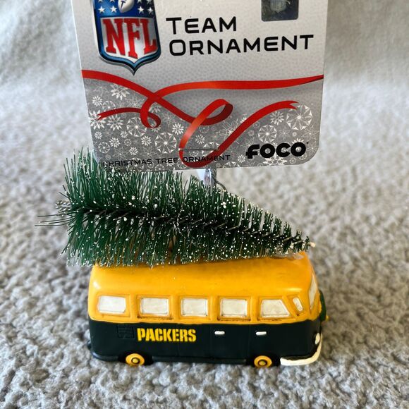 Green Bay Packers Christmas Ornament Retro Bus Green Gold Holiday Tree Foco - Picture 1 of 10